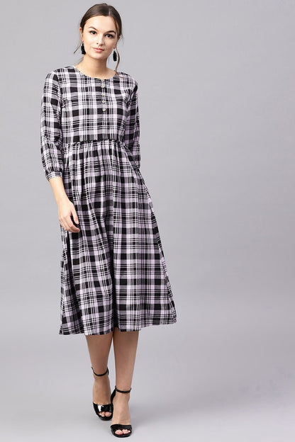 Women's Black & Grey Check Gathered Waist Dress