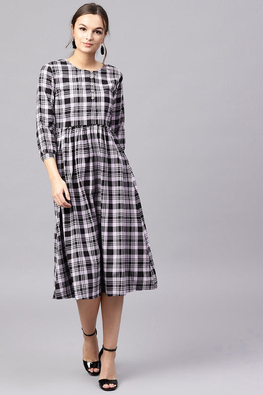 Women's Black & Grey Check Gathered Waist Dress