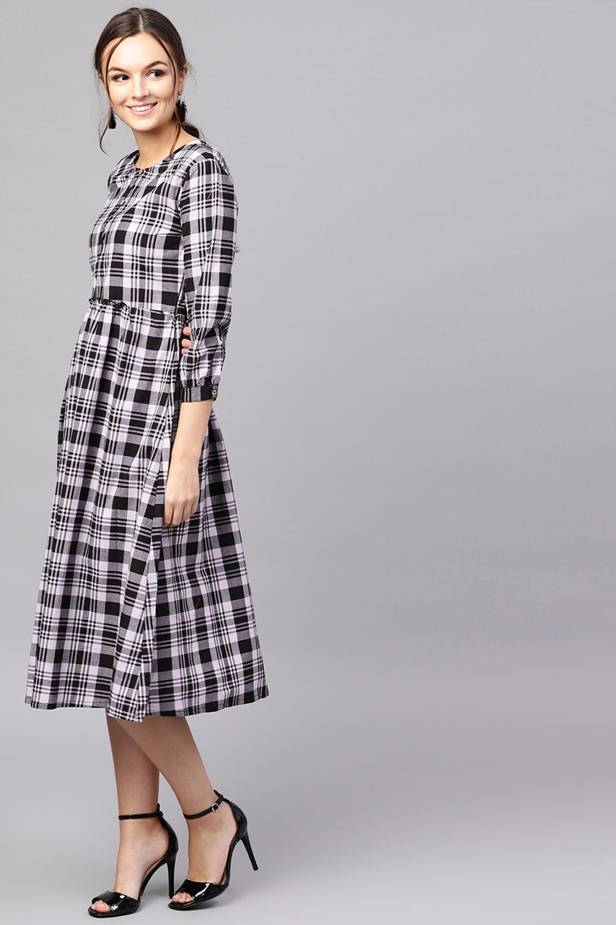 Women's Black & Grey Check Gathered Waist Dress