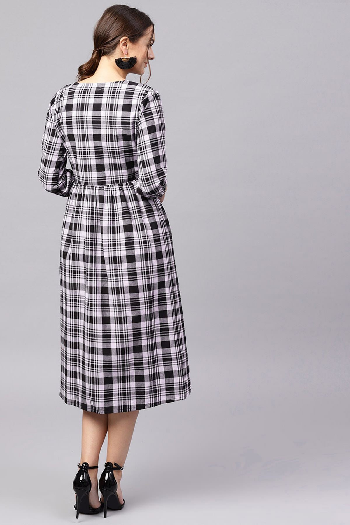 Women's Black & Grey Check Gathered Waist Dress
