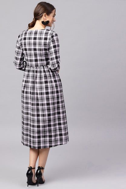 Women's Black & Grey Check Gathered Waist Dress