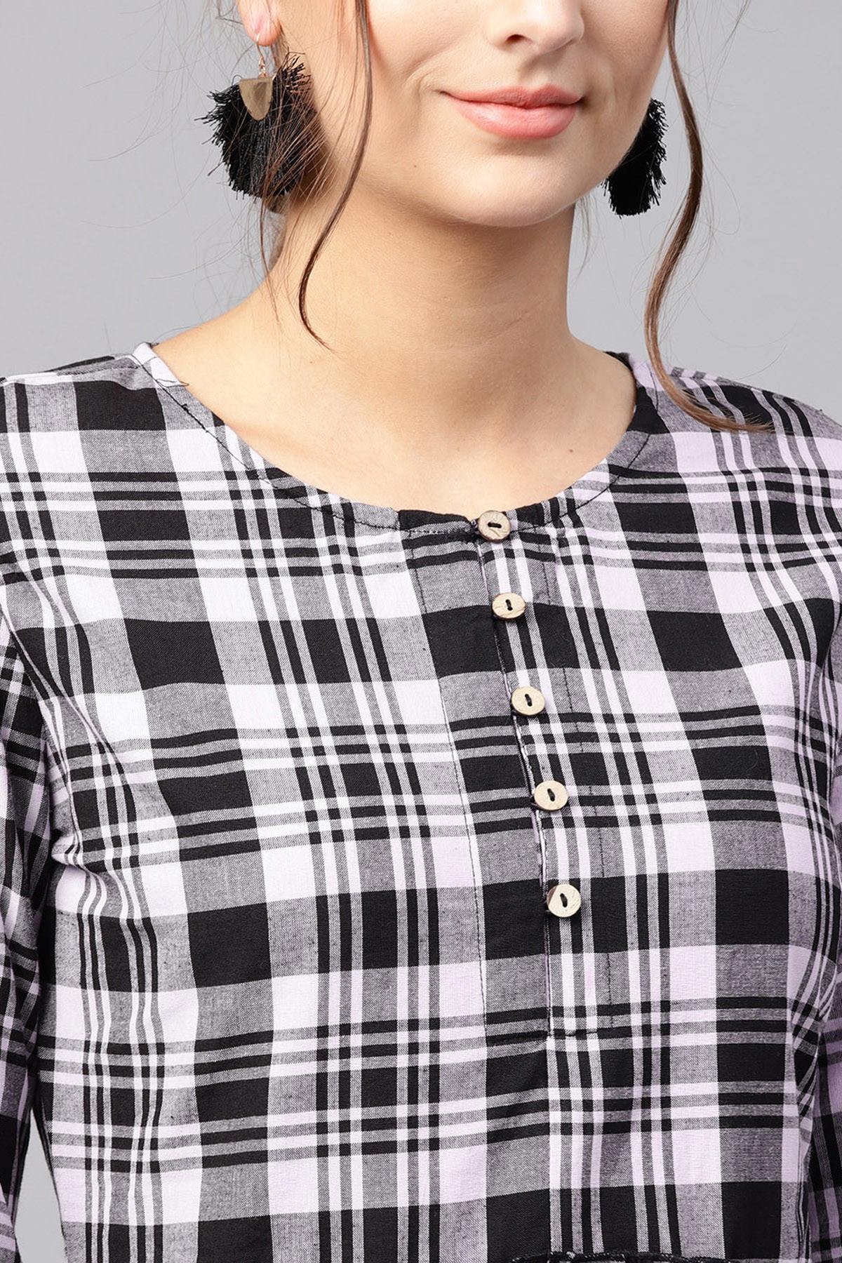 Women's Black & Grey Check Gathered Waist Dress