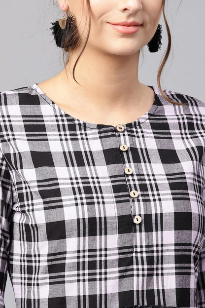 Women's Black & Grey Check Gathered Waist Dress