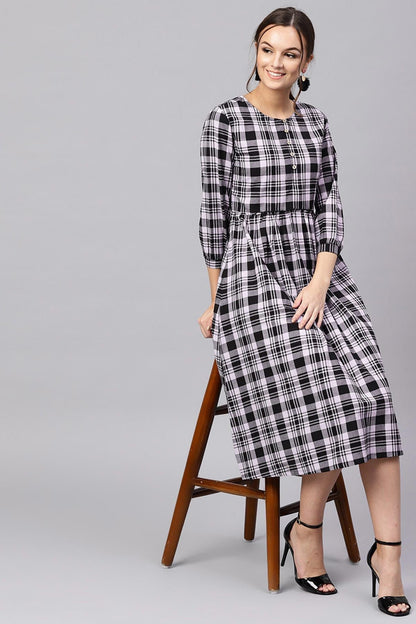 Women's Black & Grey Check Gathered Waist Dress
