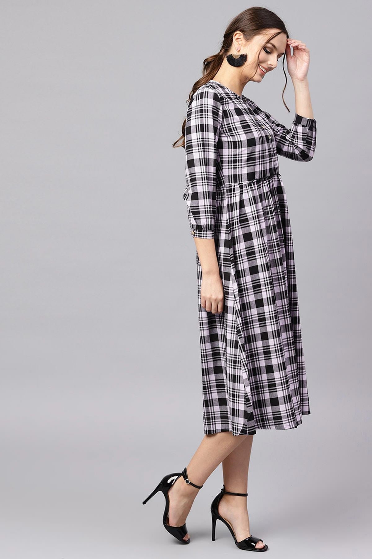 Women's Black & Grey Check Gathered Waist Dress