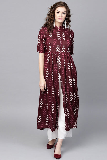 Women's Maroon Ikat Front Open Shirt Kurta
