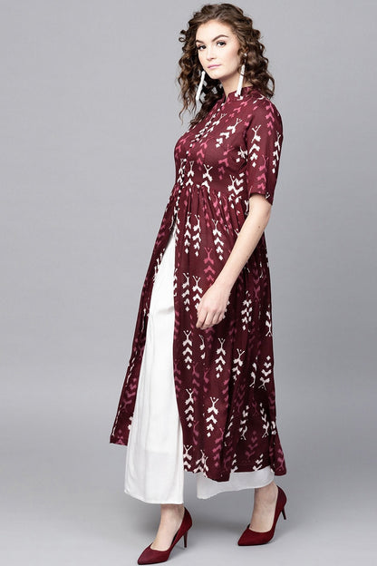 Women's Maroon Ikat Front Open Shirt Kurta