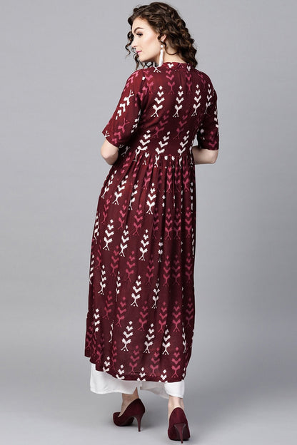 Women's Maroon Ikat Front Open Shirt Kurta