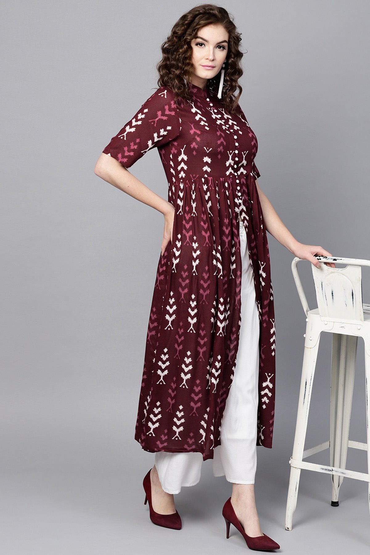 Women's Maroon Ikat Front Open Shirt Kurta