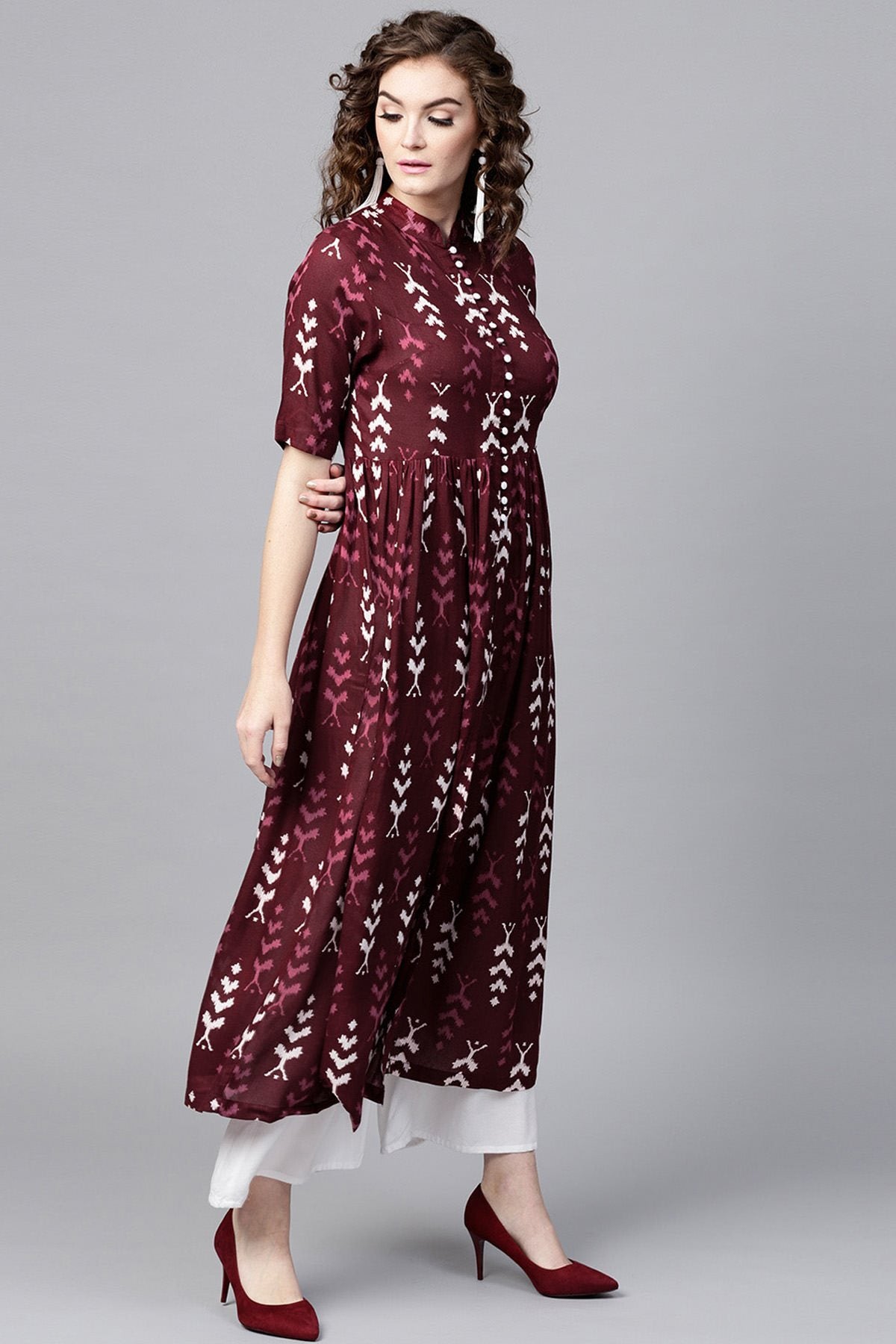 Women's Maroon Ikat Front Open Shirt Kurta