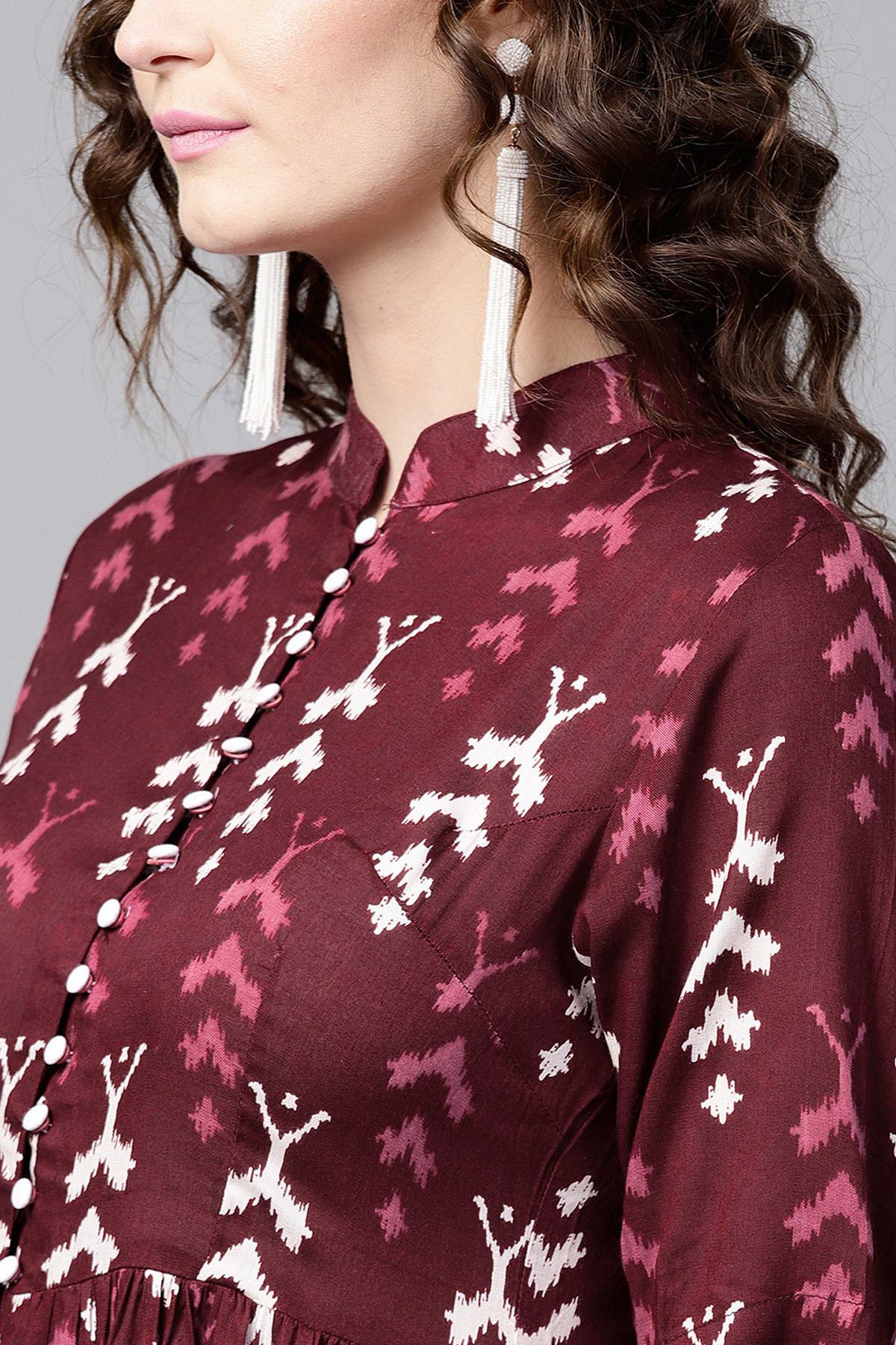 Women's Maroon Ikat Front Open Shirt Kurta