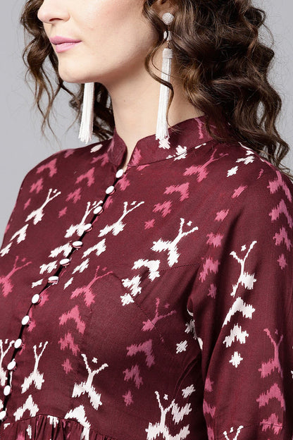 Women's Maroon Ikat Front Open Shirt Kurta