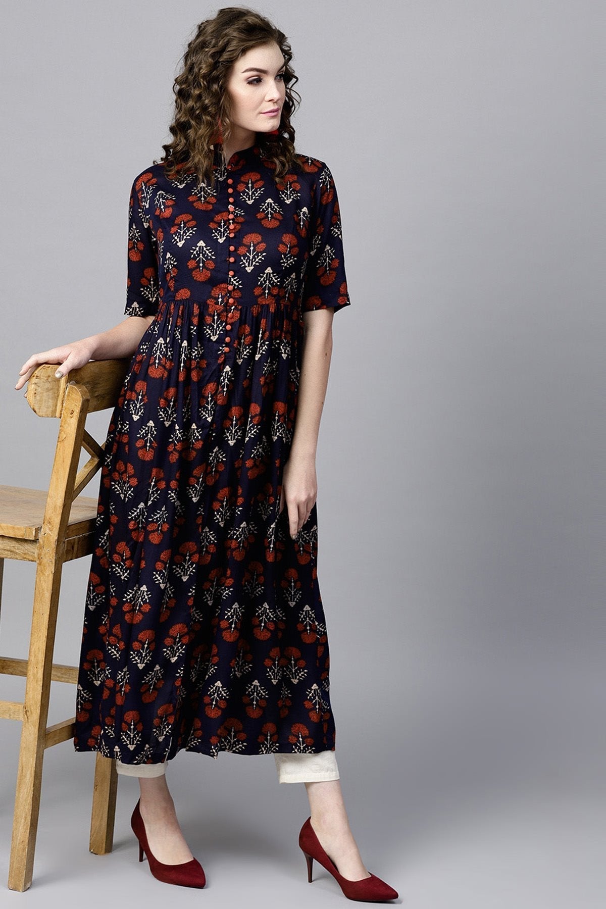 Women's Navy Floral Front Open Shirt Kurta