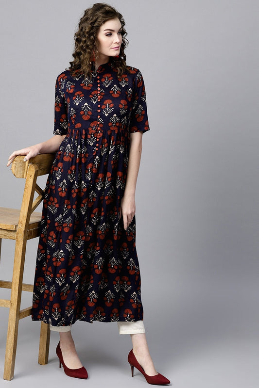 Women's Navy Floral Front Open Shirt Kurta