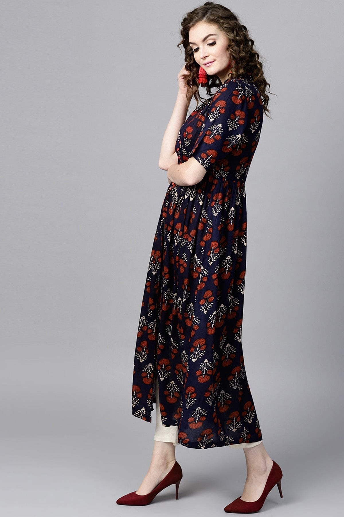 Women's Navy Floral Front Open Shirt Kurta