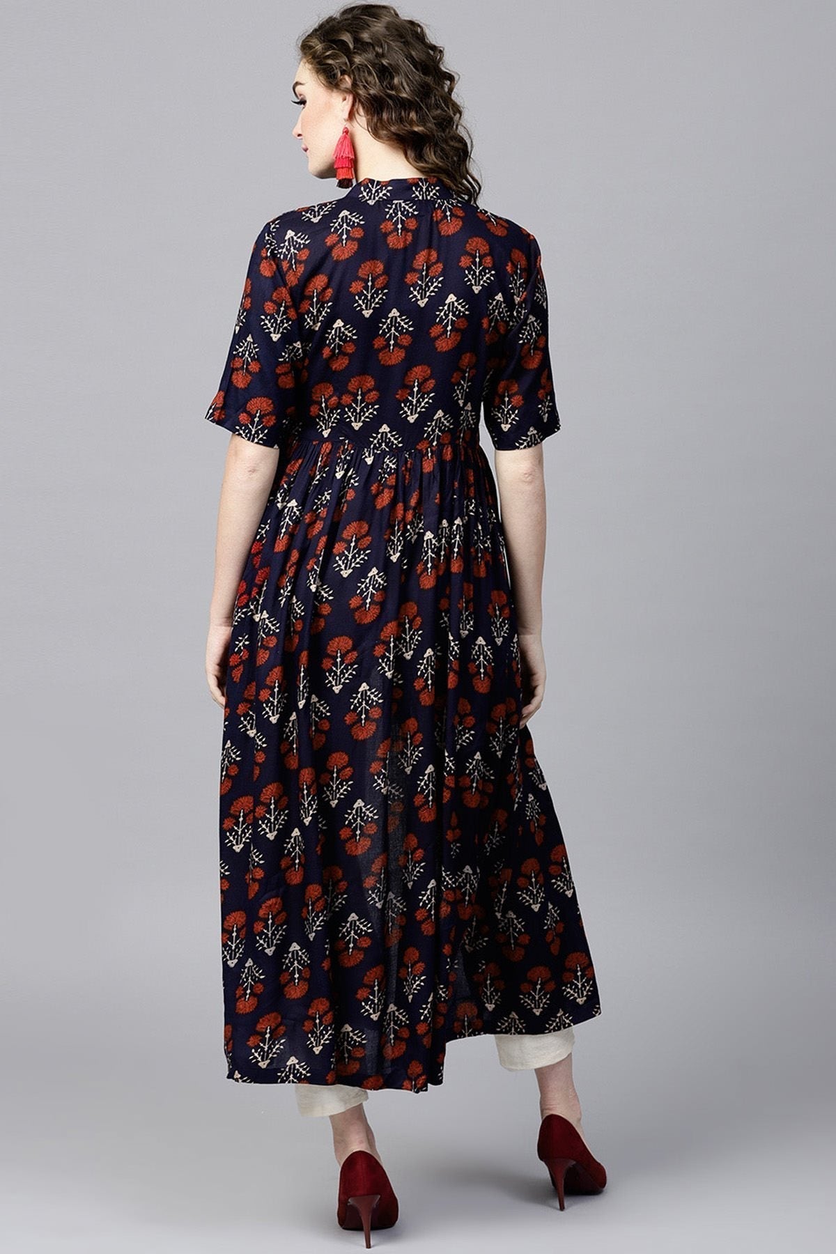 Women's Navy Floral Front Open Shirt Kurta