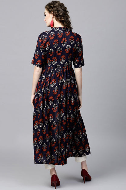Women's Navy Floral Front Open Shirt Kurta