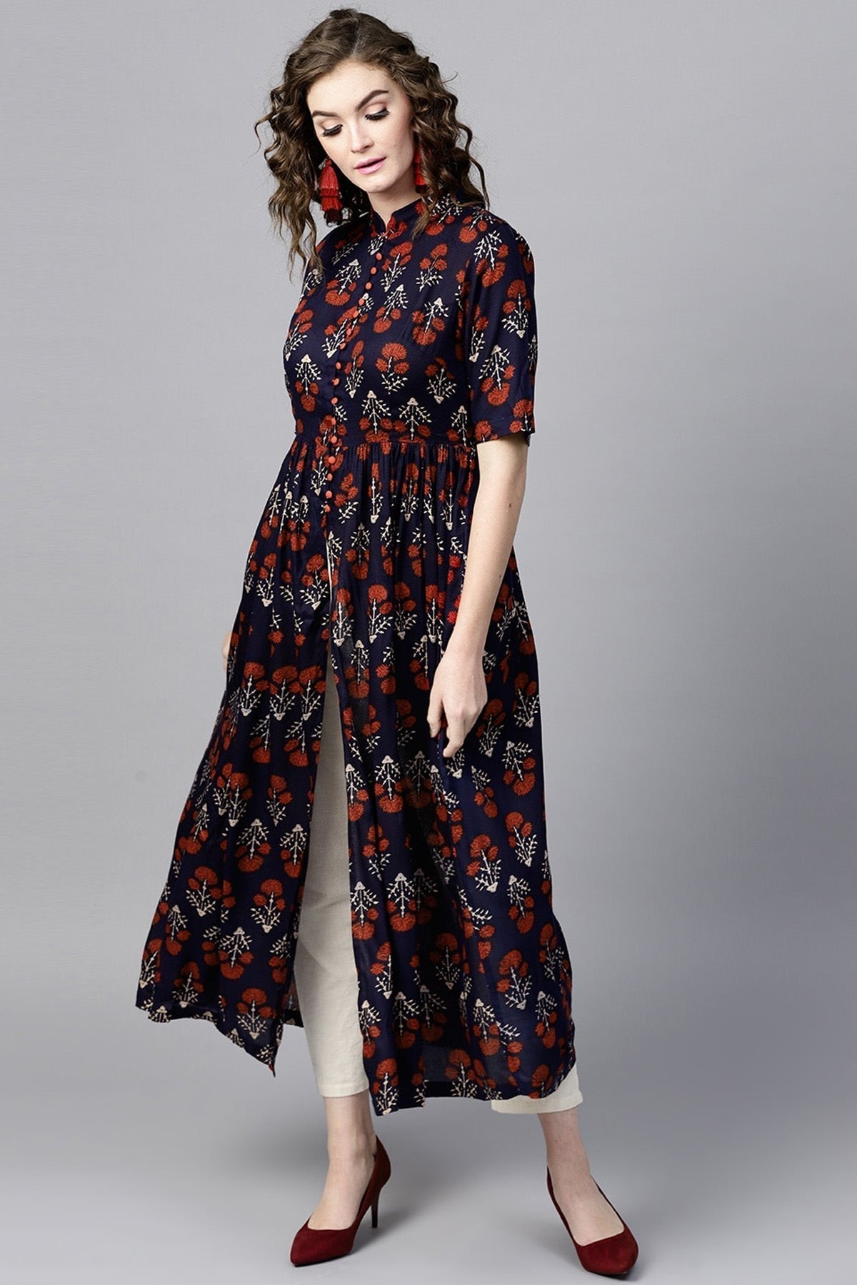 Women's Navy Floral Front Open Shirt Kurta