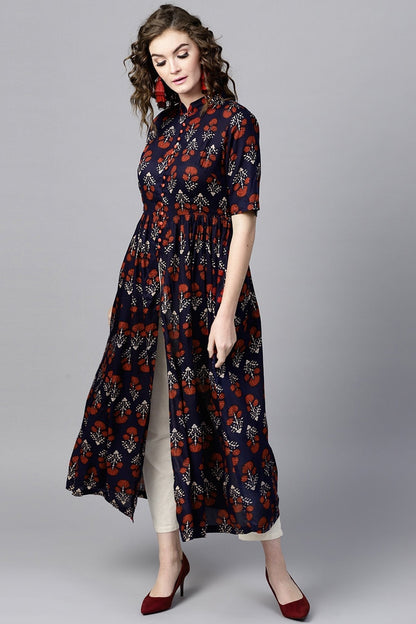 Women's Navy Floral Front Open Shirt Kurta