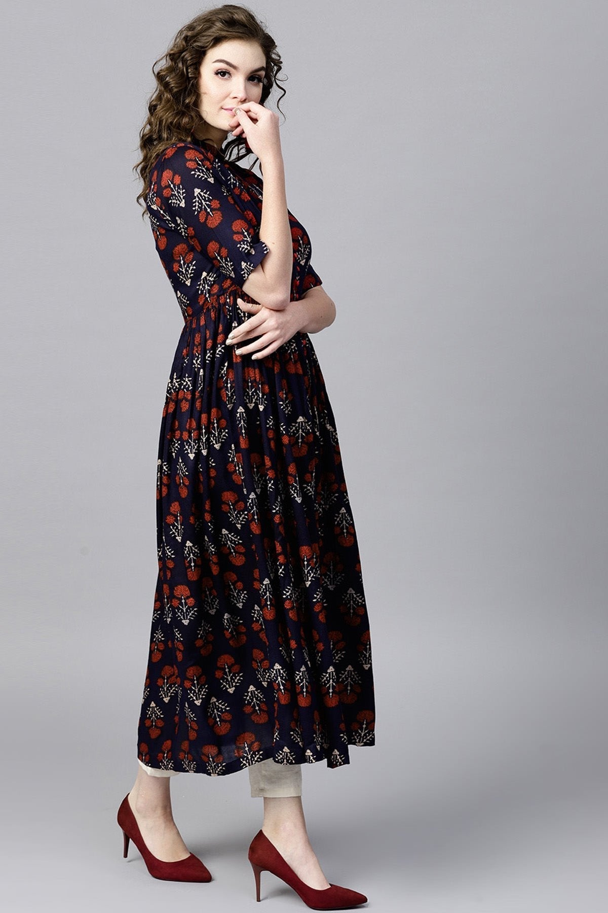 Women's Navy Floral Front Open Shirt Kurta