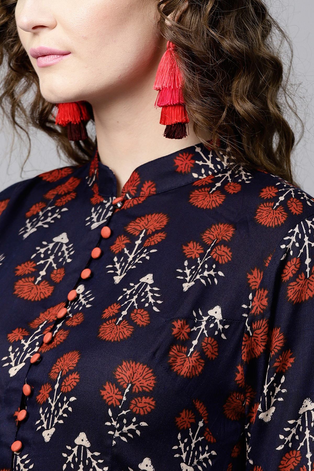 Women's Navy Floral Front Open Shirt Kurta