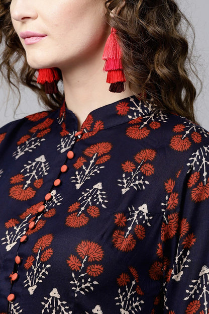 Women's Navy Floral Front Open Shirt Kurta