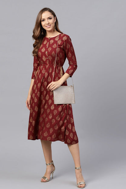 Women's Maroon Foil Side Tie-Up Dress