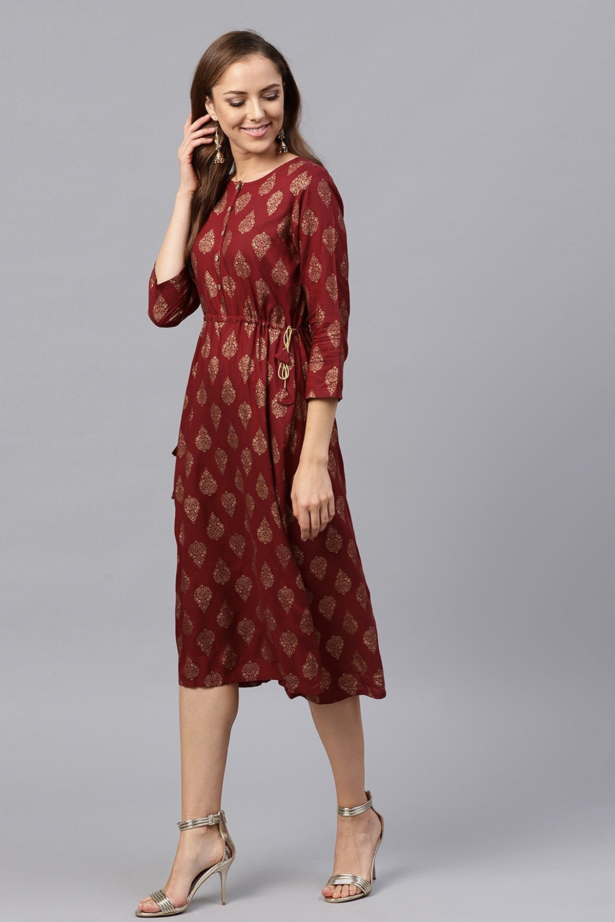 Women's Maroon Foil Side Tie-Up Dress