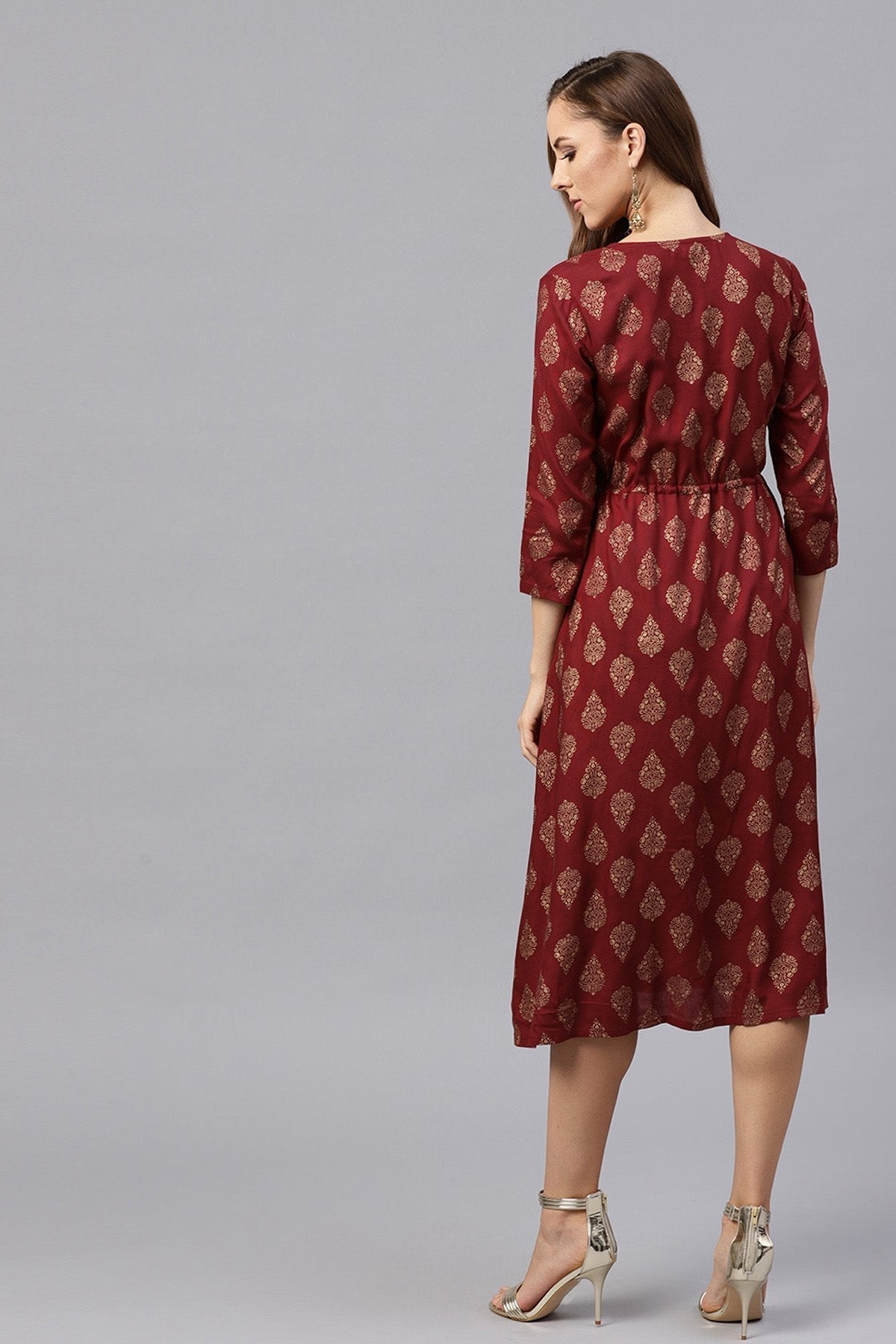 Women's Maroon Foil Side Tie-Up Dress