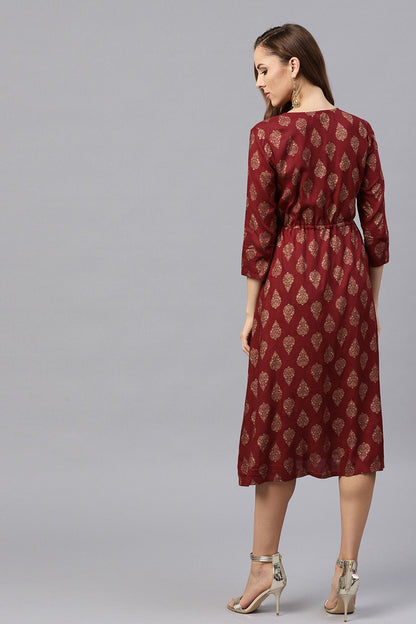 Women's Maroon Foil Side Tie-Up Dress
