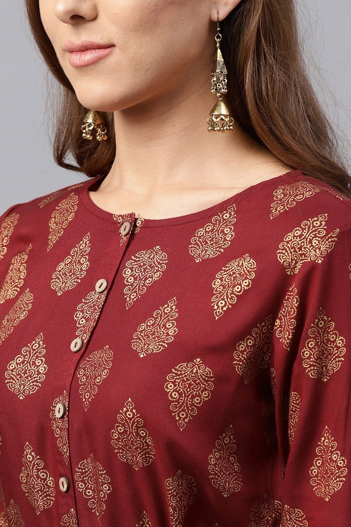 Women's Maroon Foil Side Tie-Up Dress