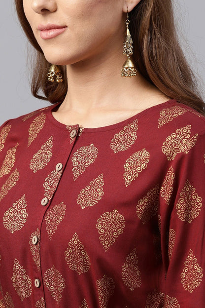 Women's Maroon Foil Side Tie-Up Dress