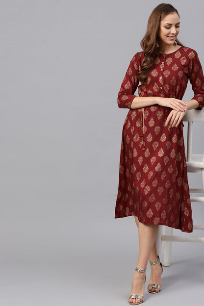 Women's Maroon Foil Side Tie-Up Dress