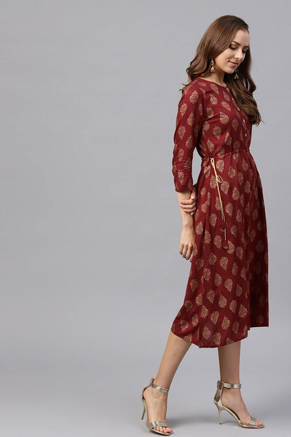 Women's Maroon Foil Side Tie-Up Dress