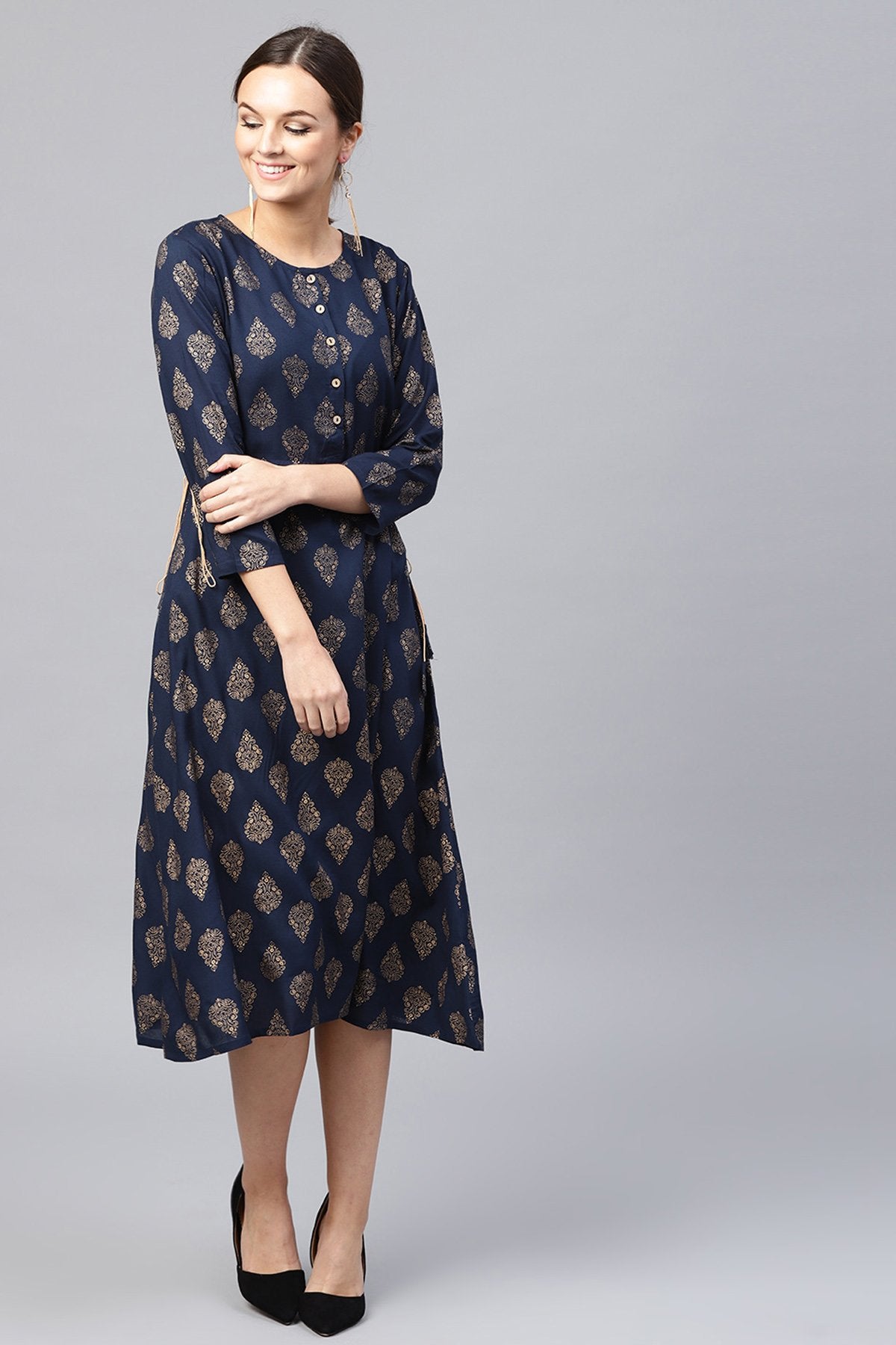 Women's Navy Foil Side Tie-Up Dress