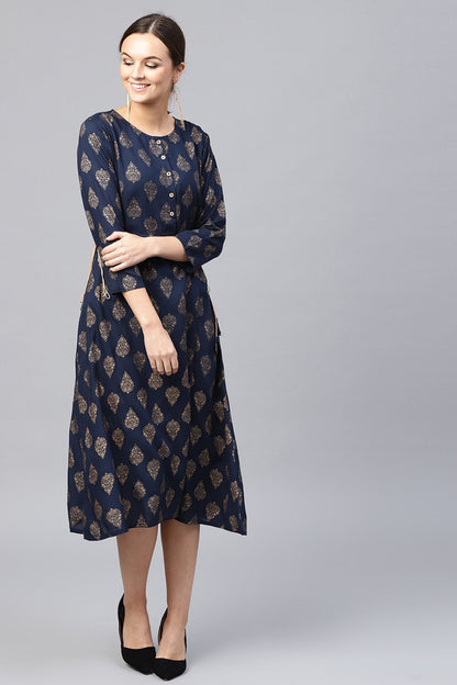 Women's Navy Foil Side Tie-Up Dress