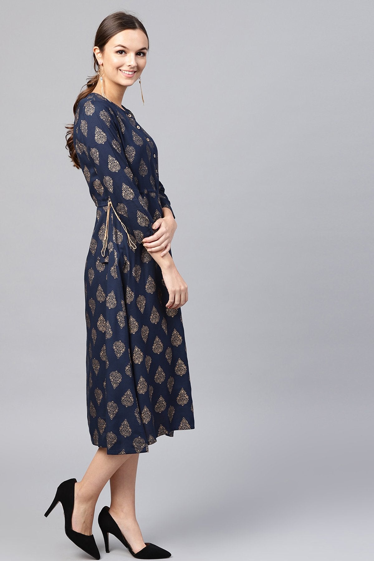 Women's Navy Foil Side Tie-Up Dress