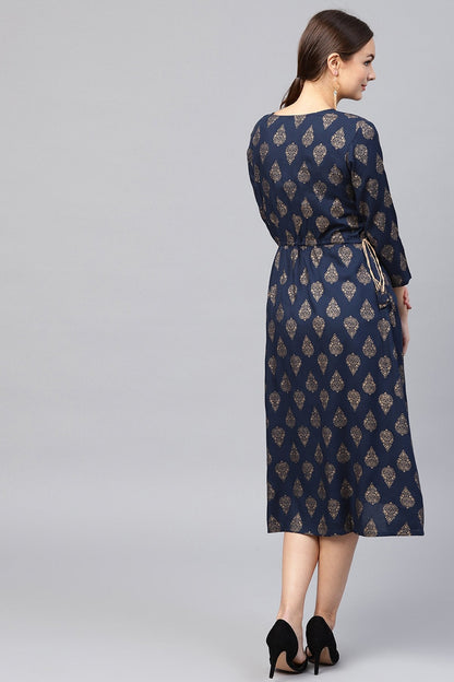 Women's Navy Foil Side Tie-Up Dress