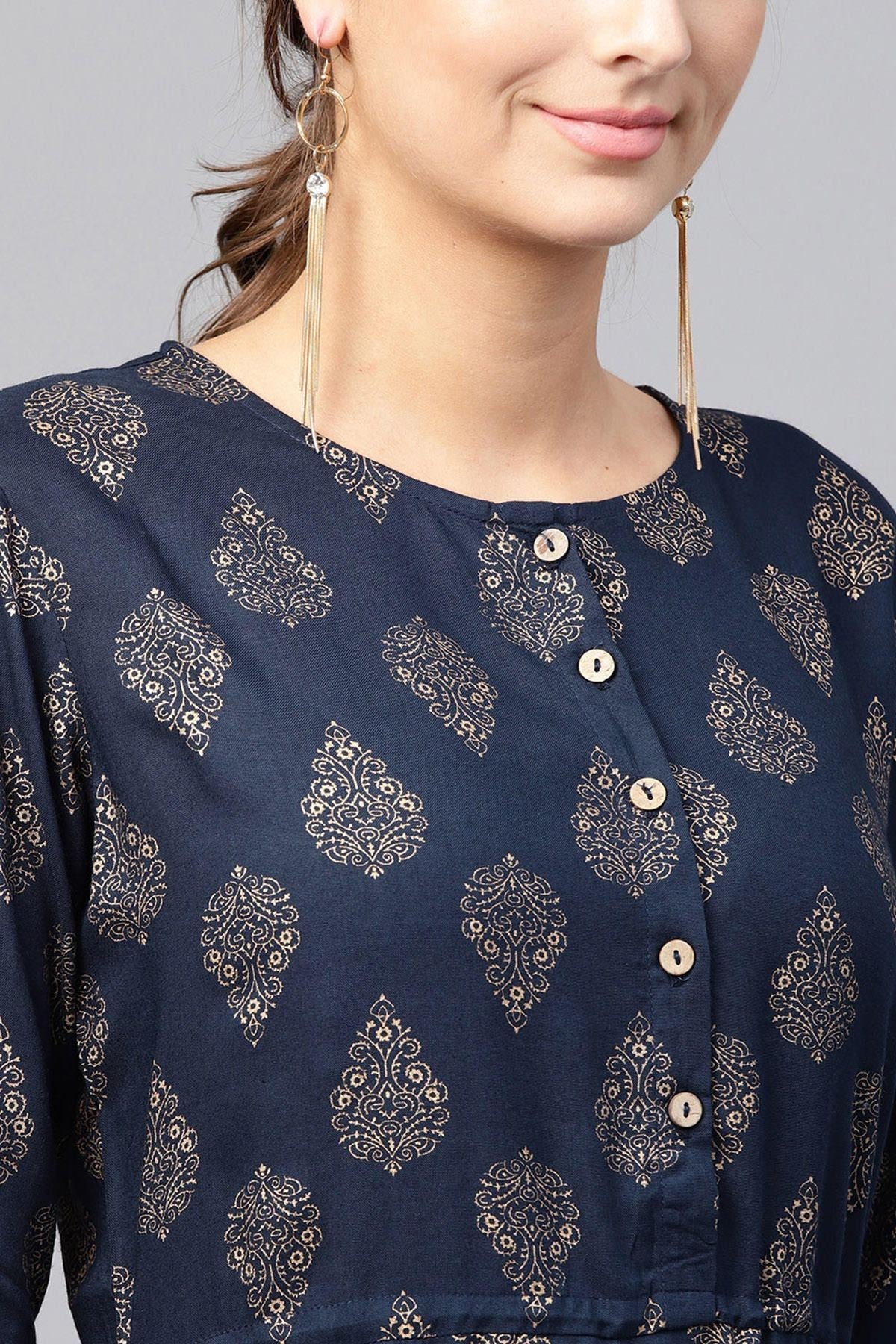 Women's Navy Foil Side Tie-Up Dress