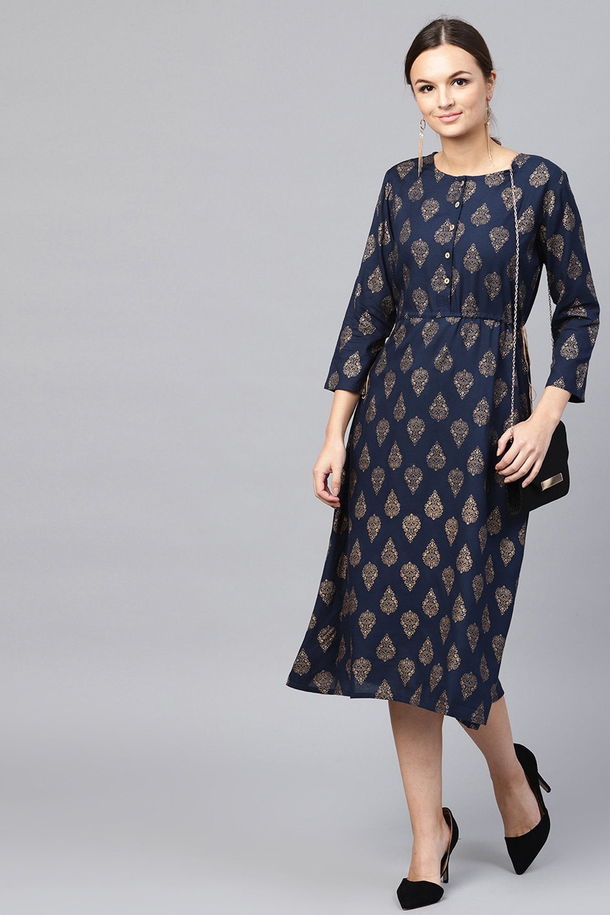 Women's Navy Foil Side Tie-Up Dress