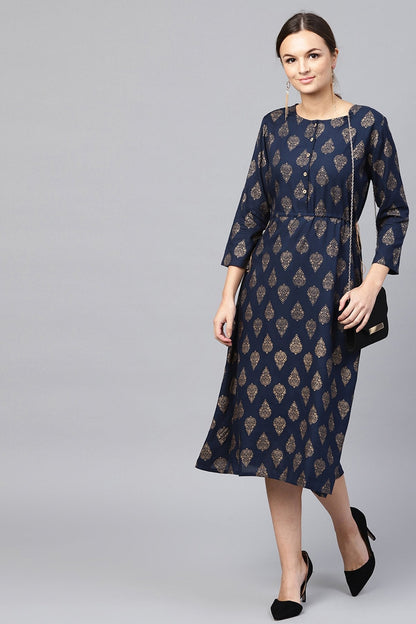 Women's Navy Foil Side Tie-Up Dress