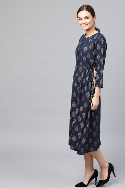 Women's Navy Foil Side Tie-Up Dress