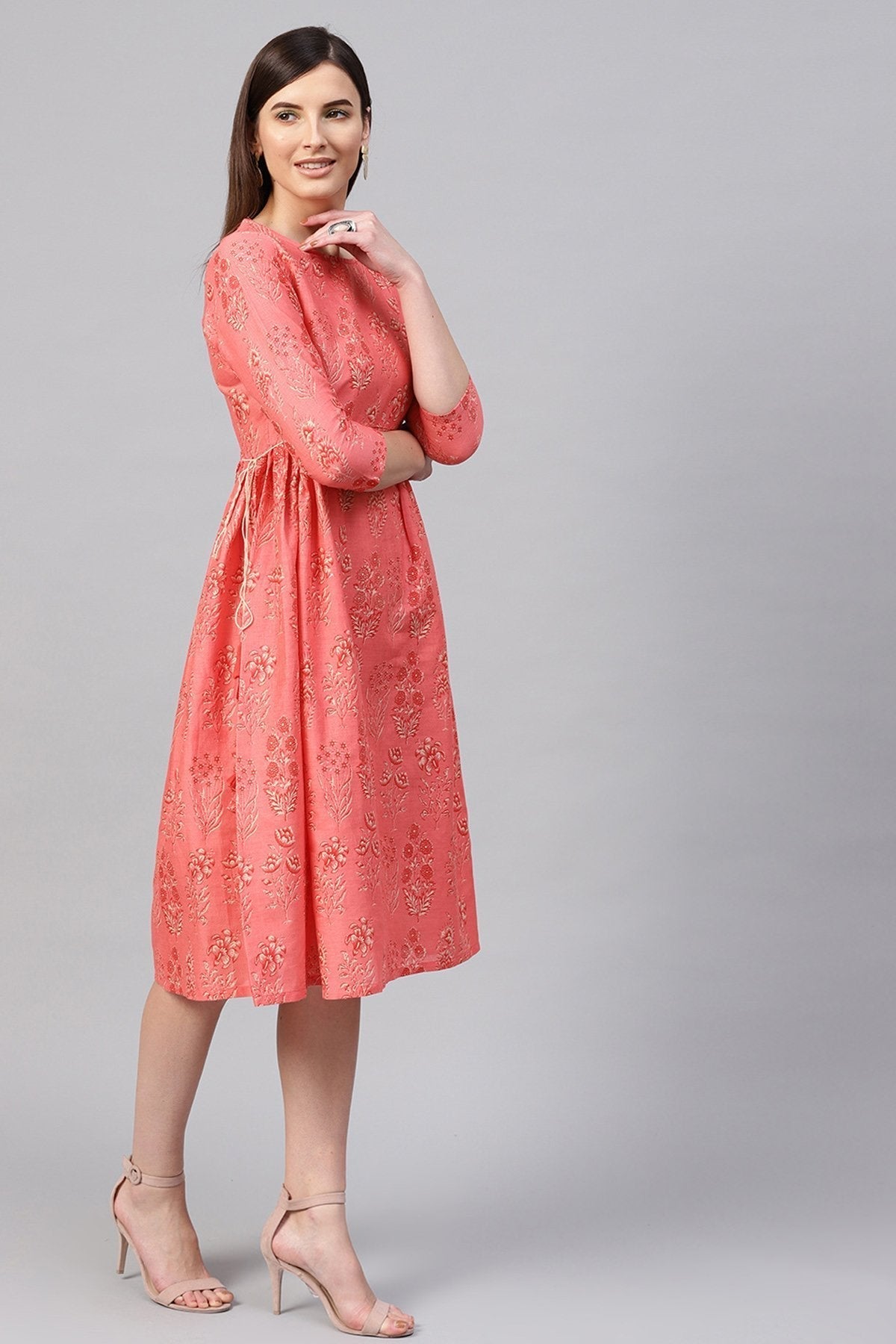 Women's Coral Floral Side Tie-Up Midi