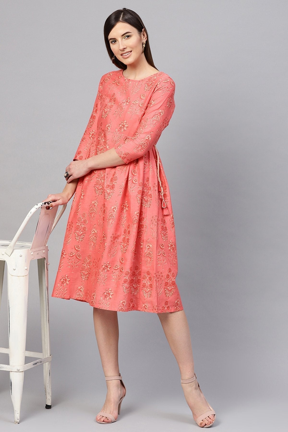 Women's Coral Floral Side Tie-Up Midi