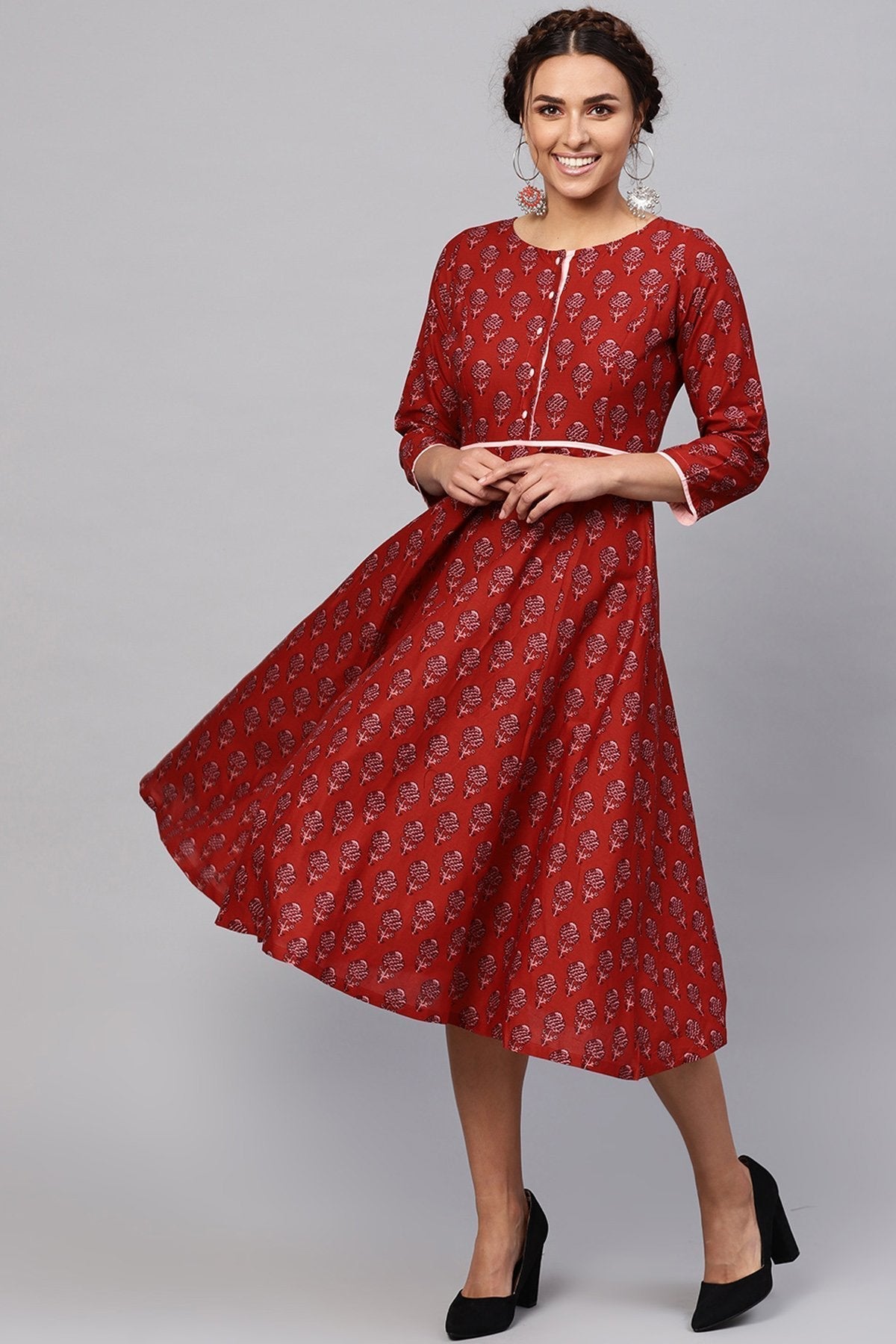 Women's Red Floral Piping Midi