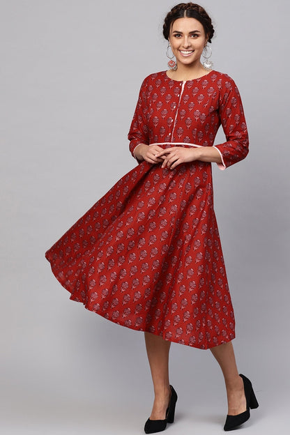 Women's Red Floral Piping Midi