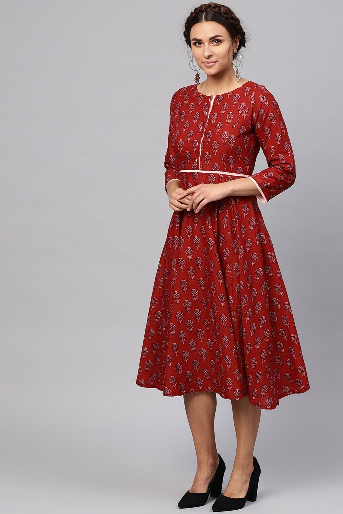 Women's Red Floral Piping Midi