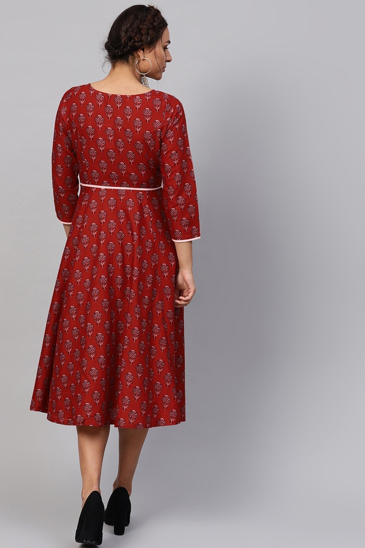 Women's Red Floral Piping Midi