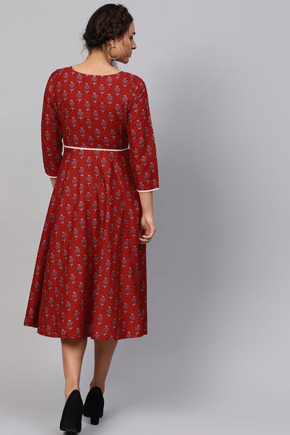 Women's Red Floral Piping Midi