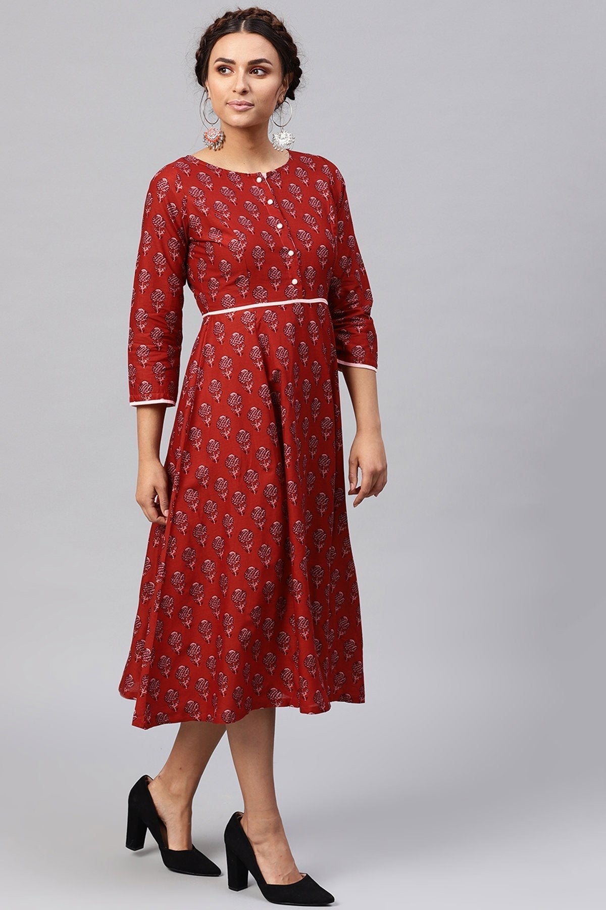 Women's Red Floral Piping Midi